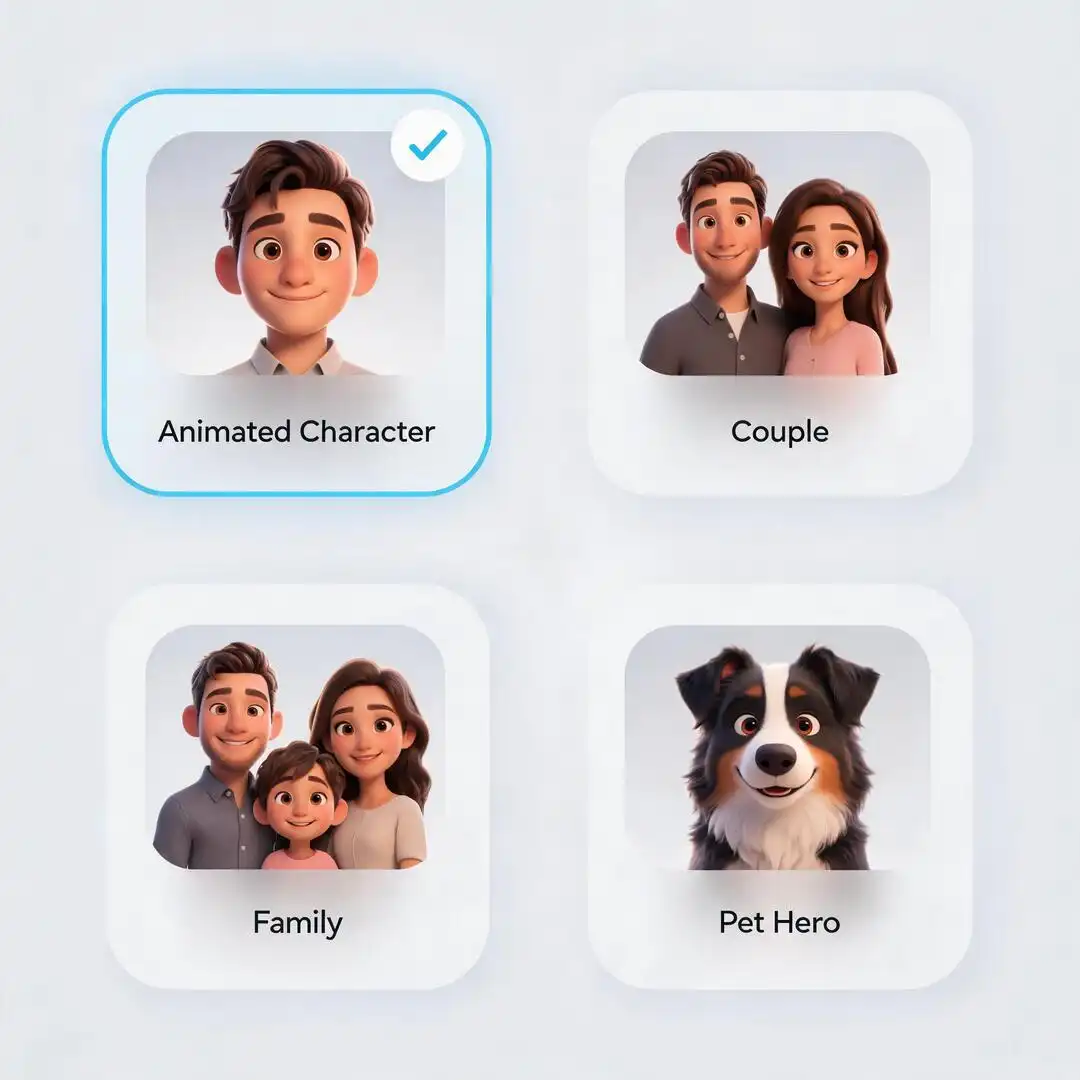 Pixar AI generator preset selector showing Animated Character, Couple, Family, and Pet Hero options