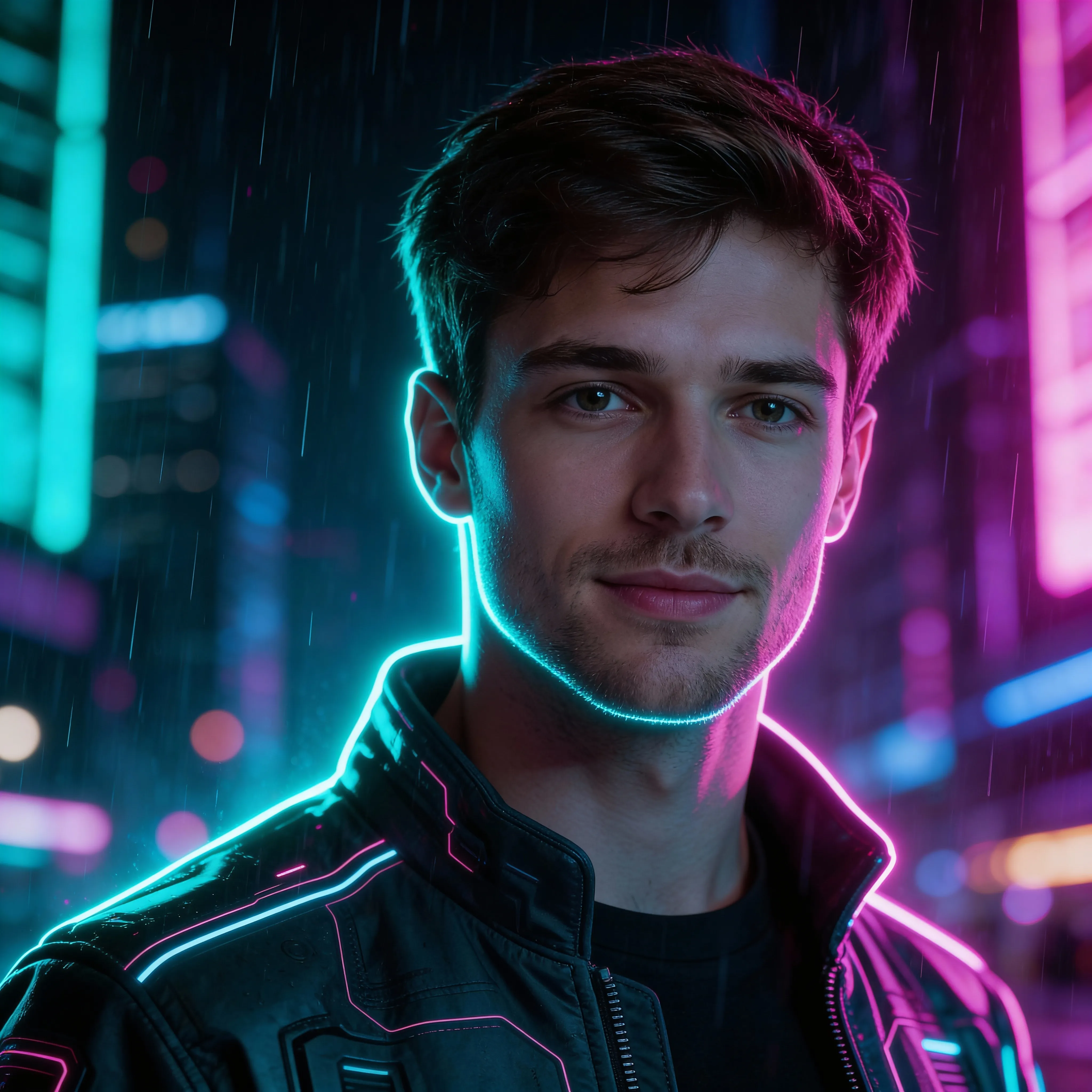 Same portrait transformed to dramatic cyberpunk style with neon lighting while preserving facial identity using Seedream 4.5 image editing