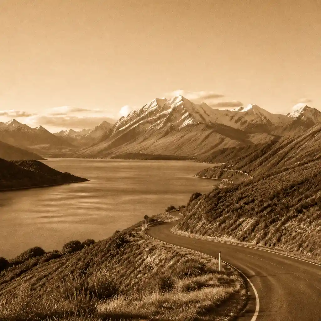 Same mountain lake and winding road with Classic Sepia tones and preserved composition