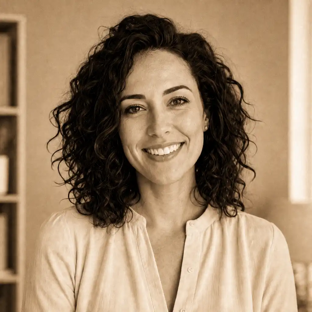 Same smiling woman in a cream blouse with a warm classic sepia treatment and preserved facial detail