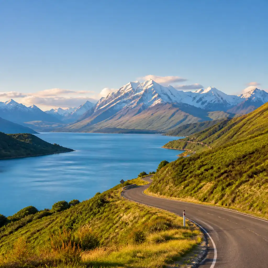 Full-color mountain lake and winding road landscape before applying the sepia filter