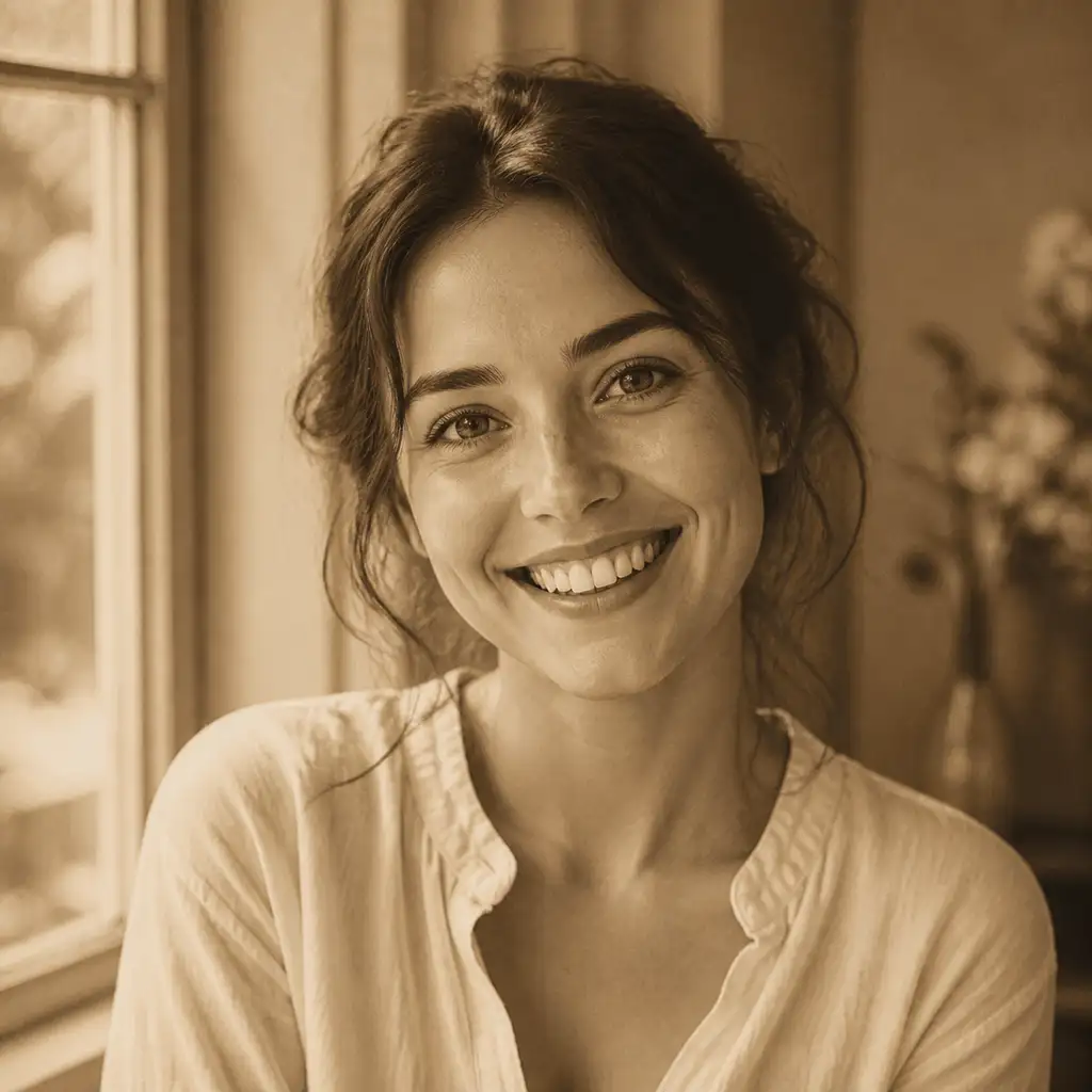 Smiling woman beside a sunlit window in a warm classic sepia portrait.