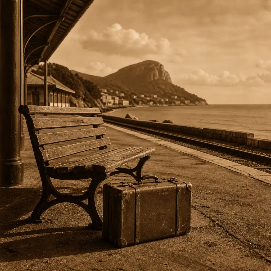 Wooden bench and suitcase on a coastal platform in a deep vintage sepia treatment.