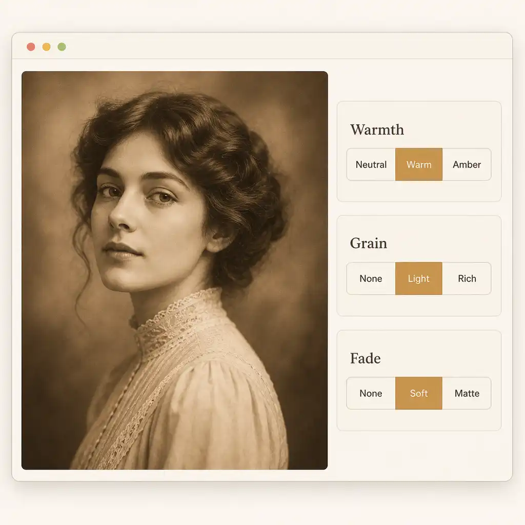 Sepia editor interface with a vintage portrait and Warmth, Grain, and Fade controls