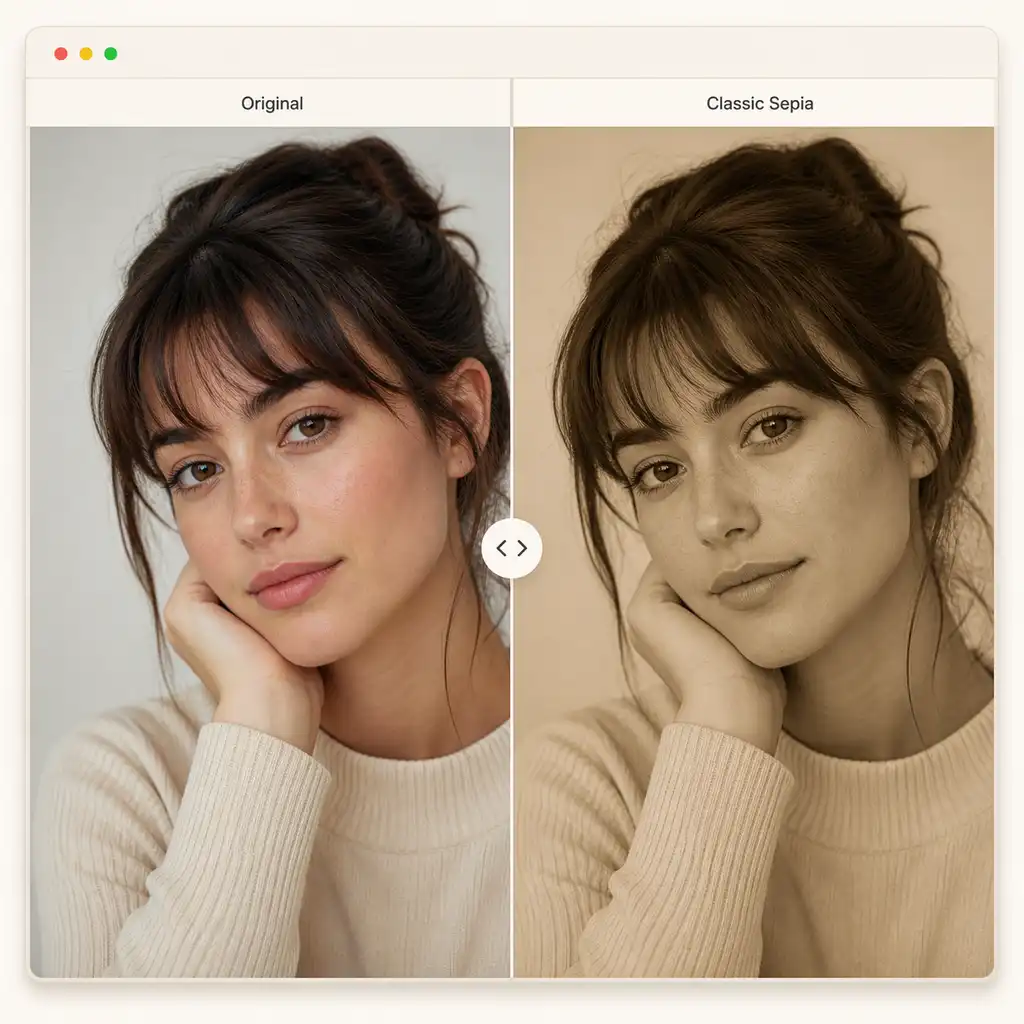 Before-and-after editor showing a natural portrait beside the same portrait in Classic Sepia