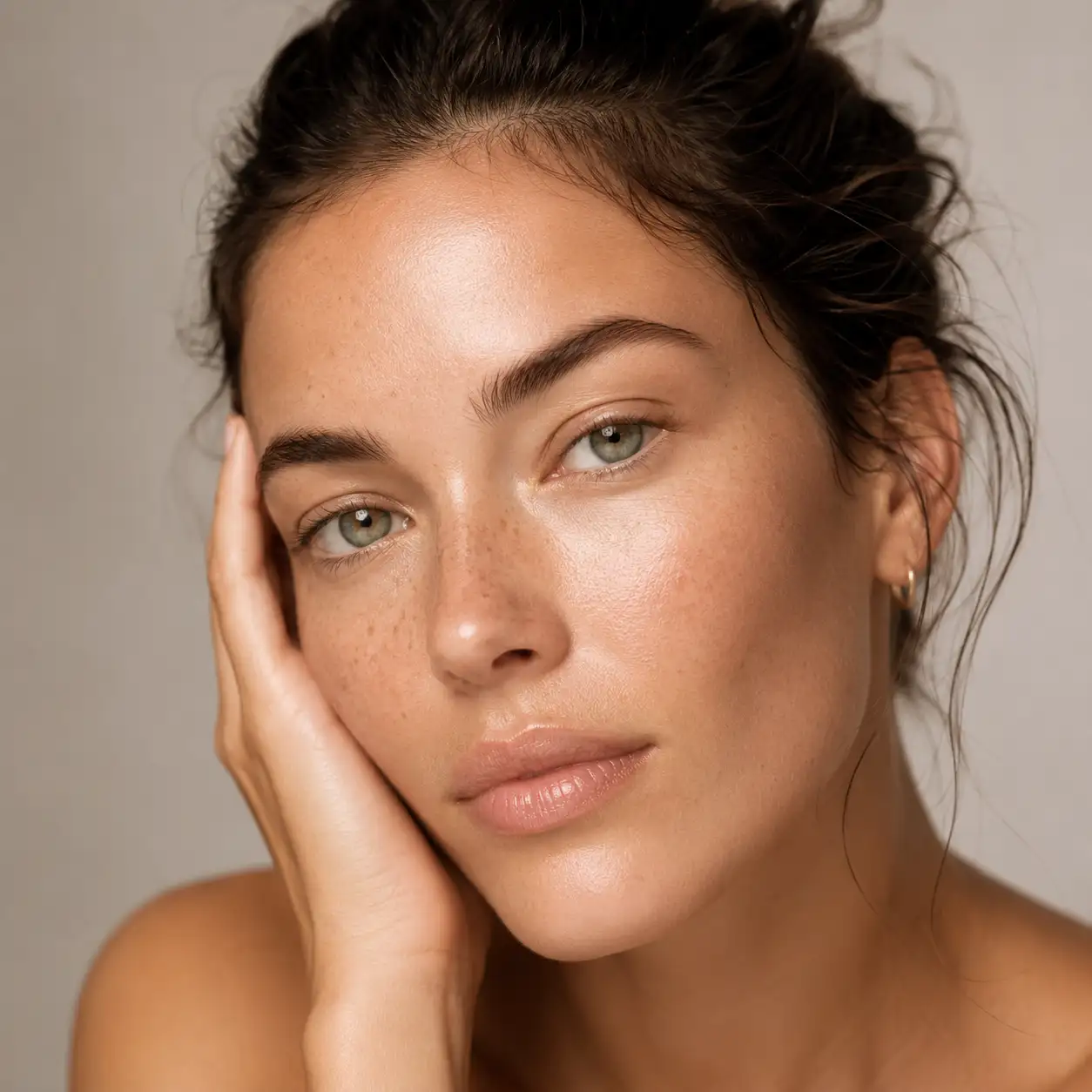 Close-up showing preserved skin texture, pores, and freckles after AI skin tone correction