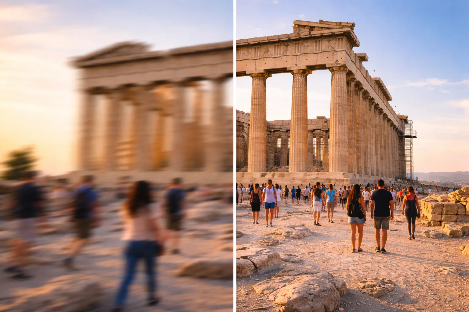 Before and after comparison showing AI unblur enhancing a blurry photo to crisp detail