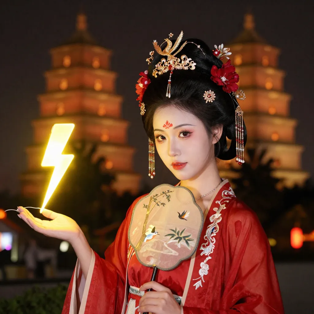 AI-generated photorealistic image of Chinese woman in red Hanfu with neon lightning lamp and Xi'an pagoda background created by Z-Image