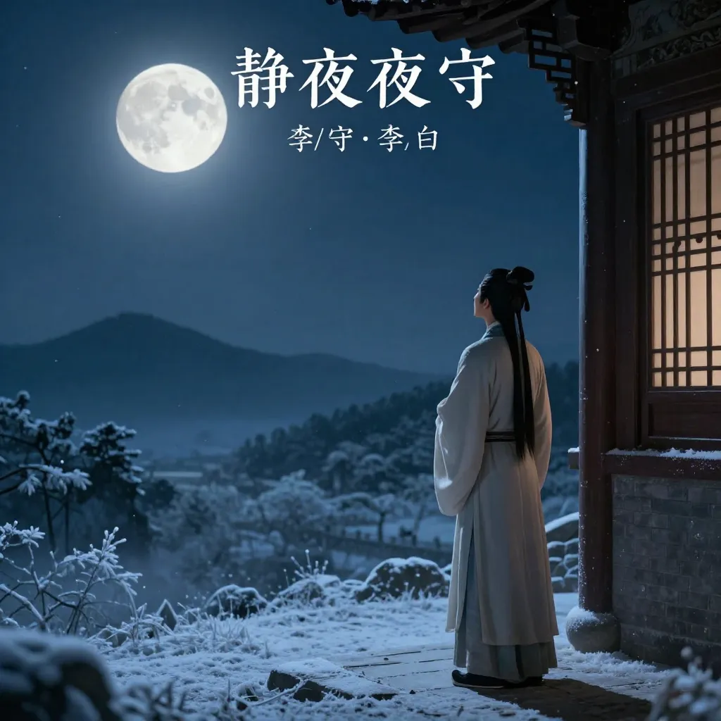 AI-generated scene visualizing Li Bai's 'Quiet Night Thoughts' poem with Tang dynasty poet and moonlight created by Z-Image