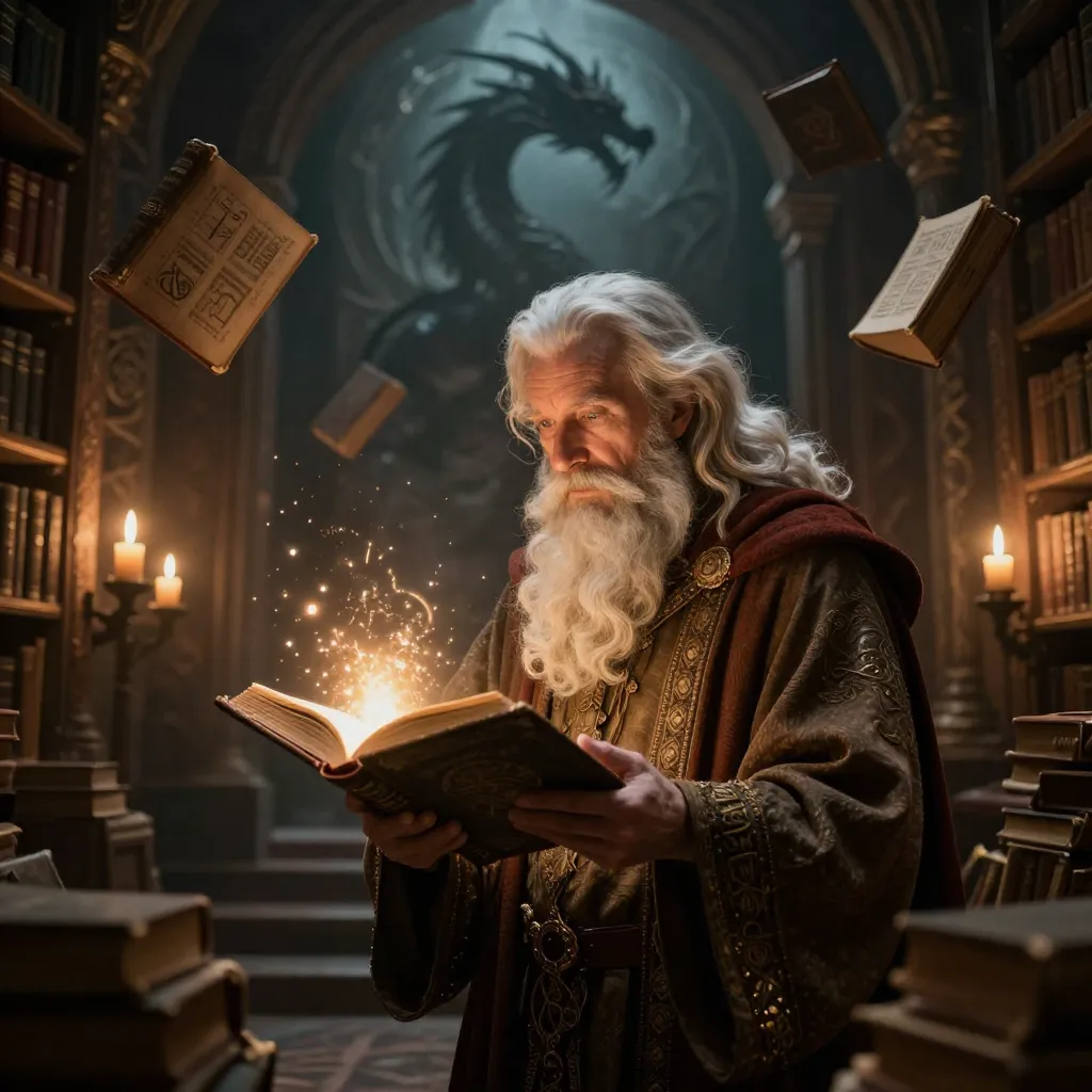 AI-generated mystical library scene with scholar and magical tome created by Z-Image
