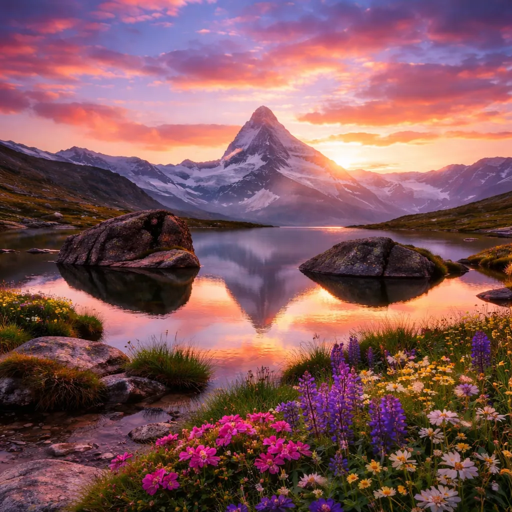 AI edited stunning sunrise landscape with Matterhorn mountain in the background and wildflowers in the foreground